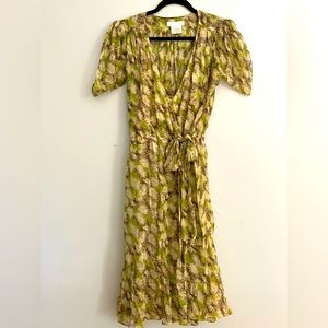 Nicole Farhi silk green and cream printed wrap dress with custom slip.